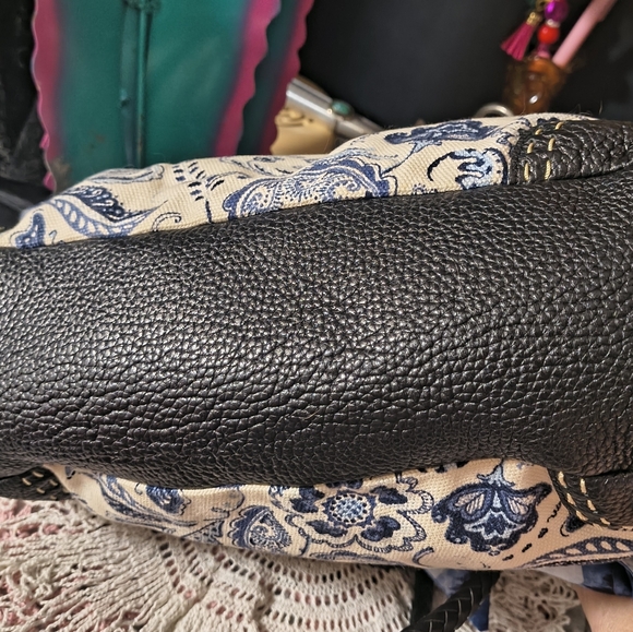 Brighton Bucket Tote Canvas Floral Blue and Black Women's Bag Denim Interior - Picture 8 of 10